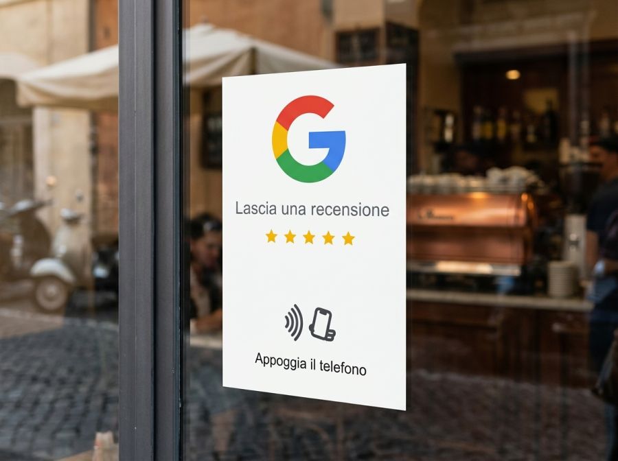 Adesivo NFC TapConnect applicato sulla vetrina di un locale