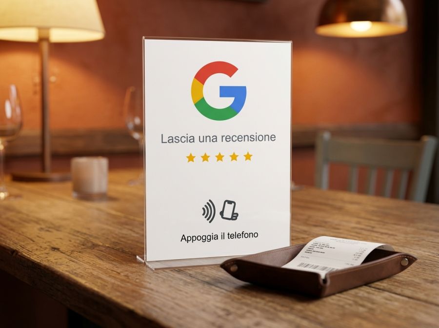 Stand da tavolo NFC TapConnect accanto al conto in un ristorante