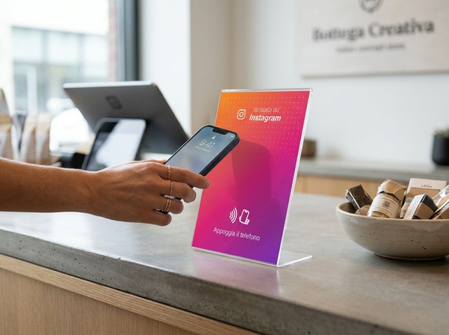 Card social Instagram TapConnect accanto alla cassa, con un telefono che si avvicina per il tap